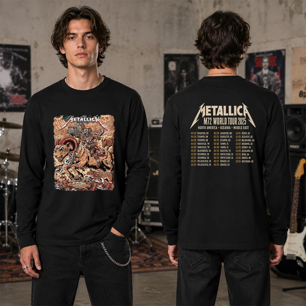 Metallica M72 World Tour June 29 2025 Empower Field At Mile High Denver Colorado United States 2 side T-shirt by Juan Ma Orozco featuring a skull-faced warrior riding a horned beast, wolves, skulls, bones, rocky mountains and M72 tour back print.